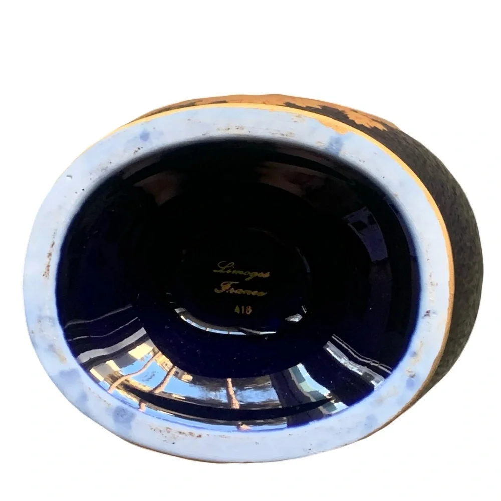 Vintage Limoges France Cobalt Gilded Gold Porcelain Vase Approx 8.25” Romantic